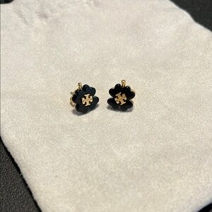 Tory Burch Black and Gold Floral Stud Earrings